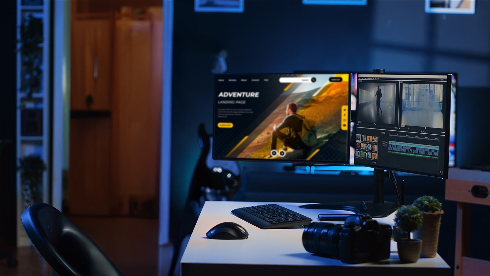 Videographer color correcting clips while listening music in headphones Videographer using editing software to assemble footage into cohesive final result while enjoying cup of coffee. Specialist color correcting clips while listening music in headphones